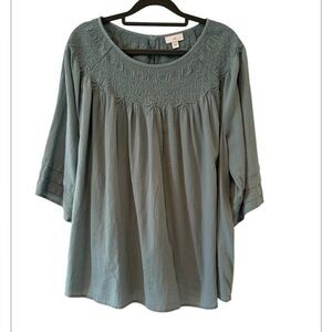 J Jill Dusty Blue Embroidered Yoke Style Cottagecore 3/4 Pleated Sleeves Size L